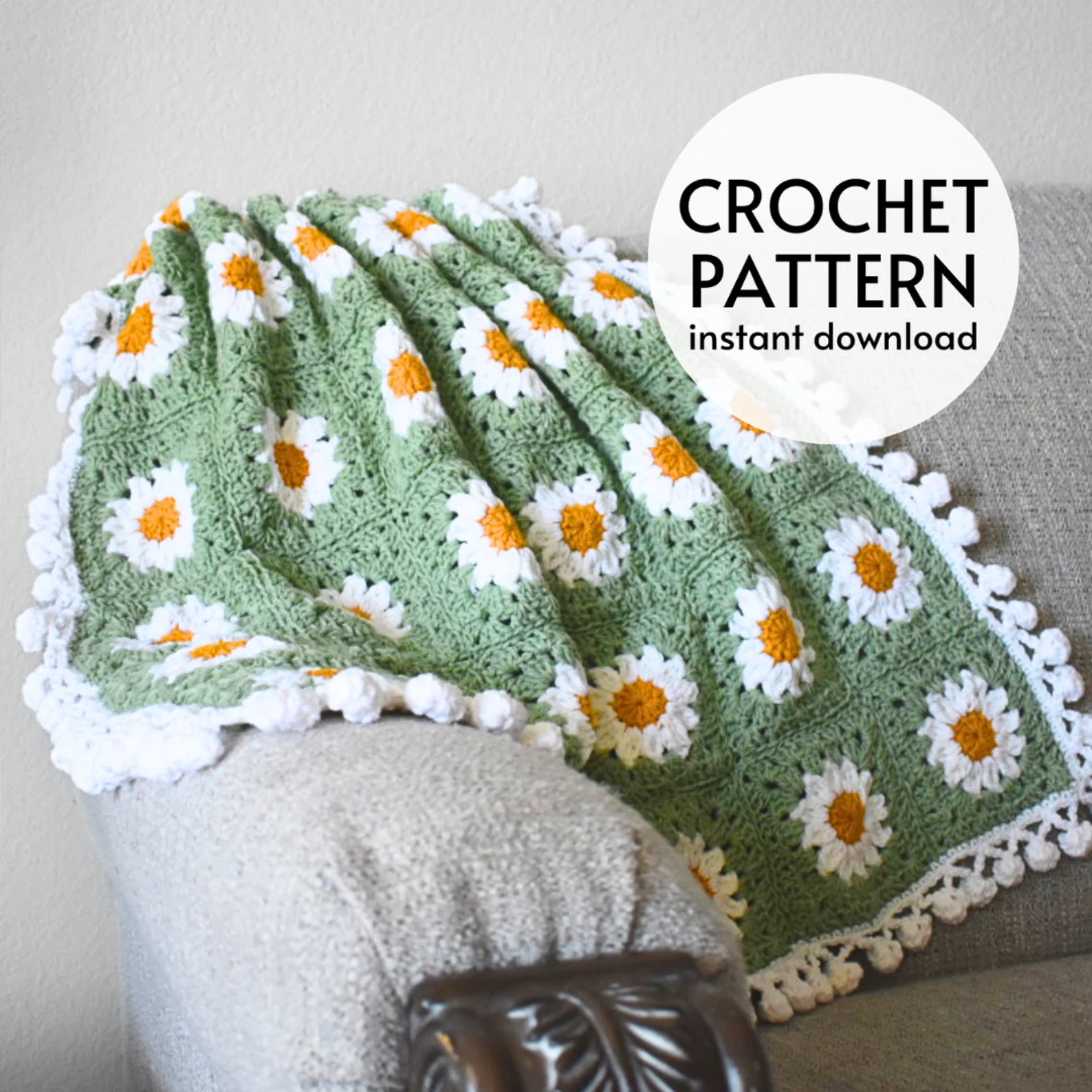 Daisy Flower Granny Square Crochet Blanket Pattern.