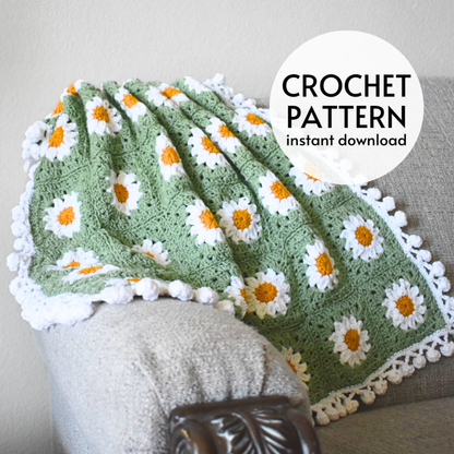 Daisy Flower Granny Square Crochet Blanket Pattern.